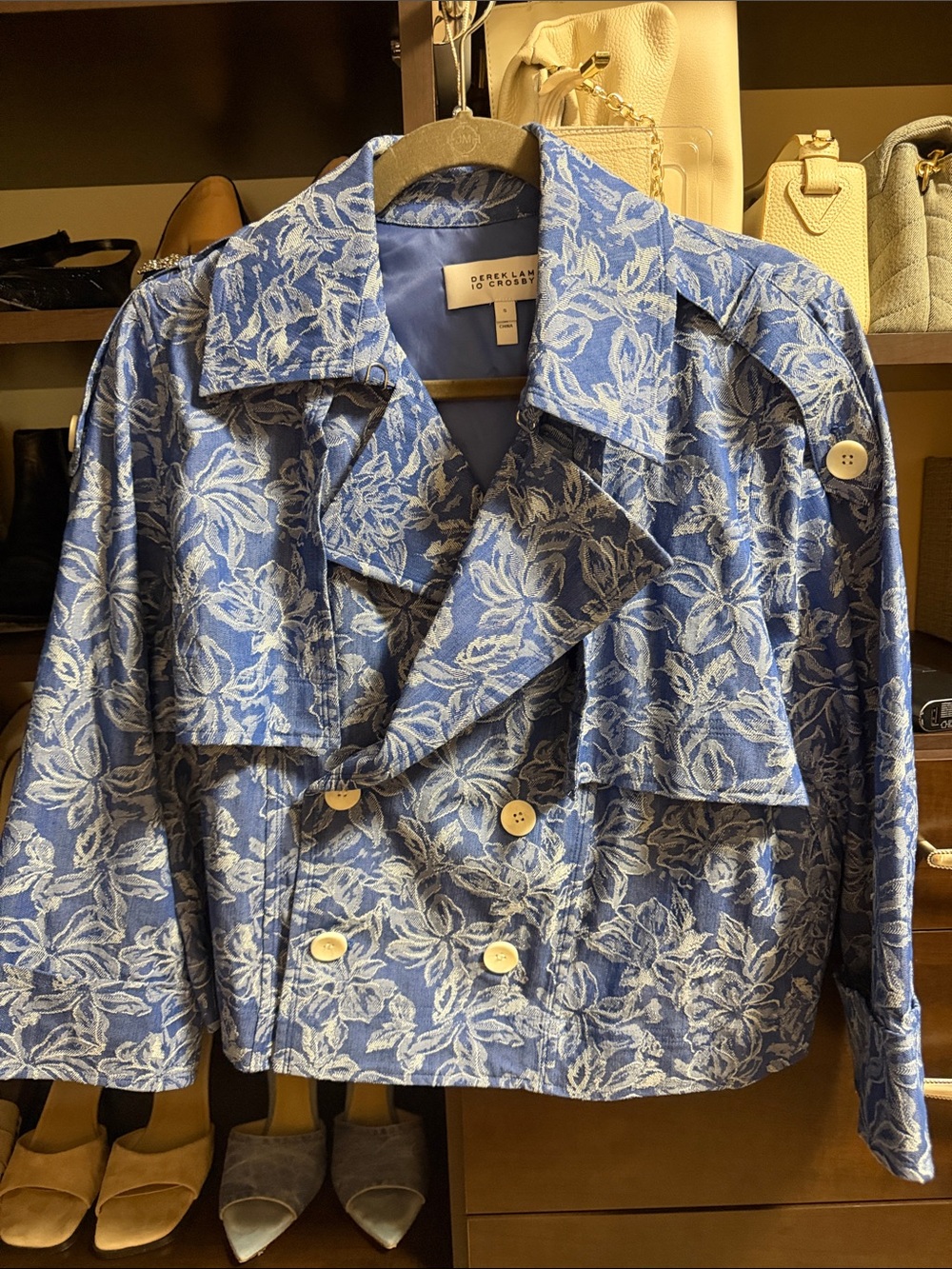 10 Crosby Derek Lam Blue Floral Jacquard Short Trench